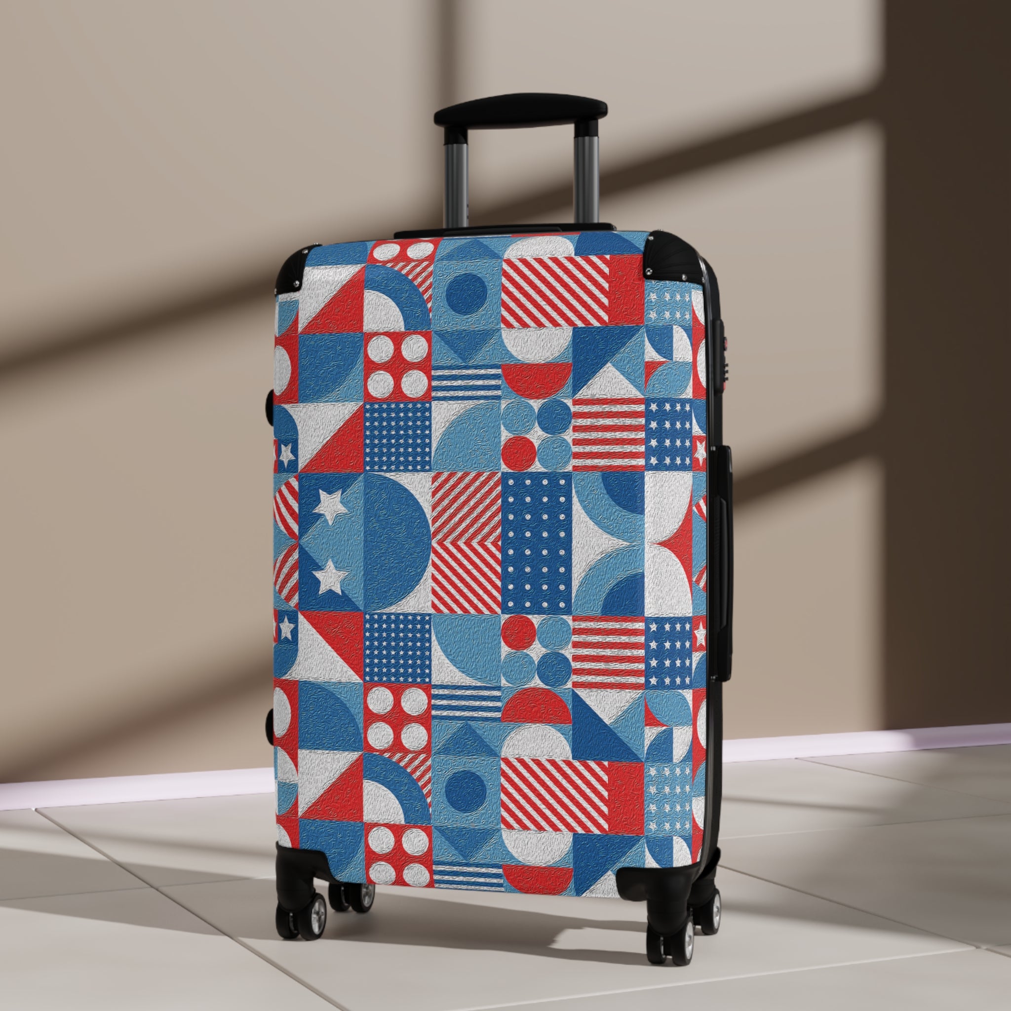 Red White and Blue Geometric Pattern - Stylish Luggage - Suitcase for Adventurers - Blue