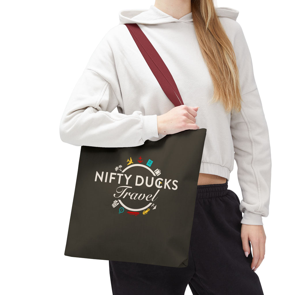 Nifty Ducks Travel Logo - Travel Tote Bag - Signature Brown Background - Beach & Weekend Carryall