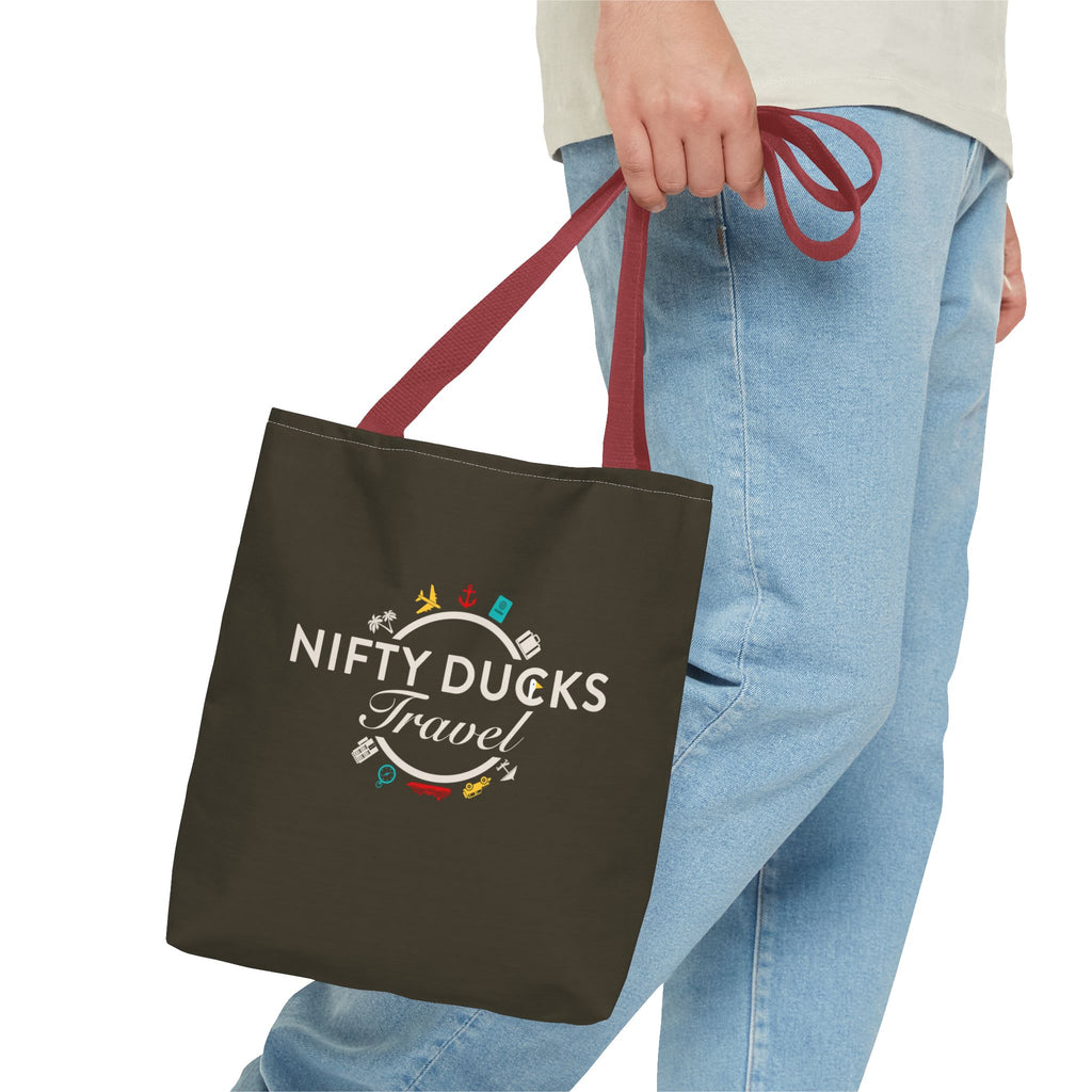 Nifty Ducks Travel Logo - Travel Tote Bag - Signature Brown Background - Beach & Weekend Carryall