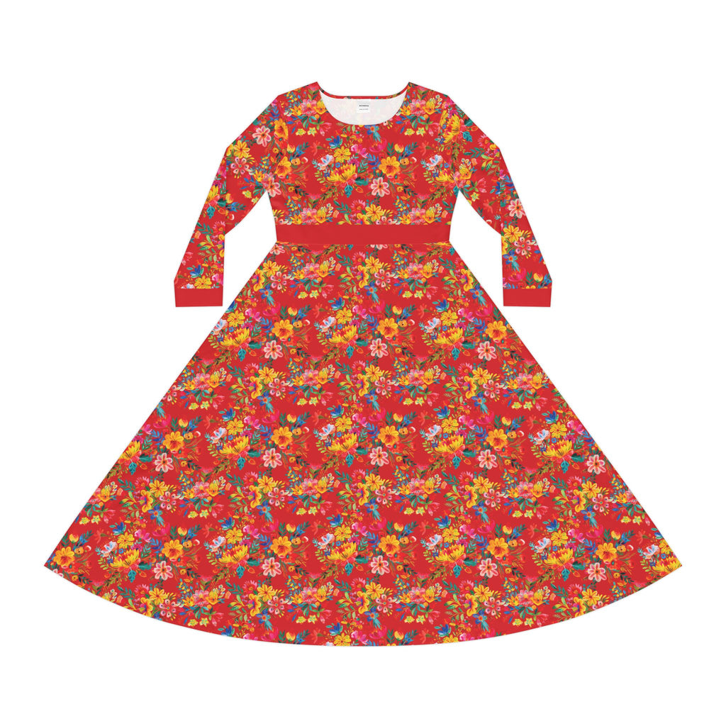 Elegant Women's Long Sleeve Dance Dress - Bright Bold Watercolors Flowers - Scarlet