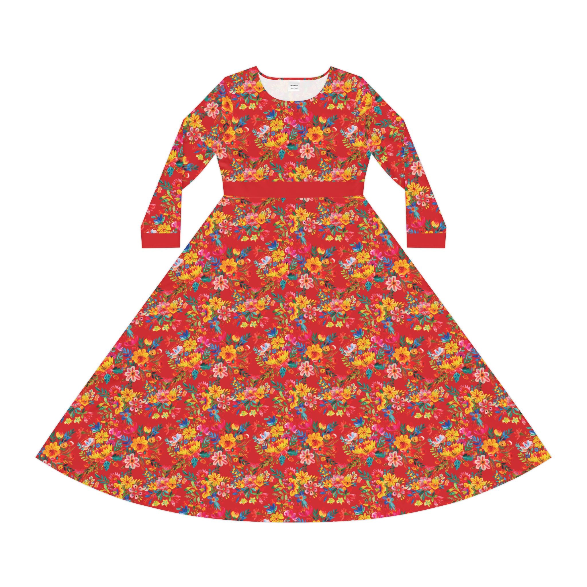 Elegant Women's Long Sleeve Dance Dress - Bright Bold Watercolors Flowers - Scarlet