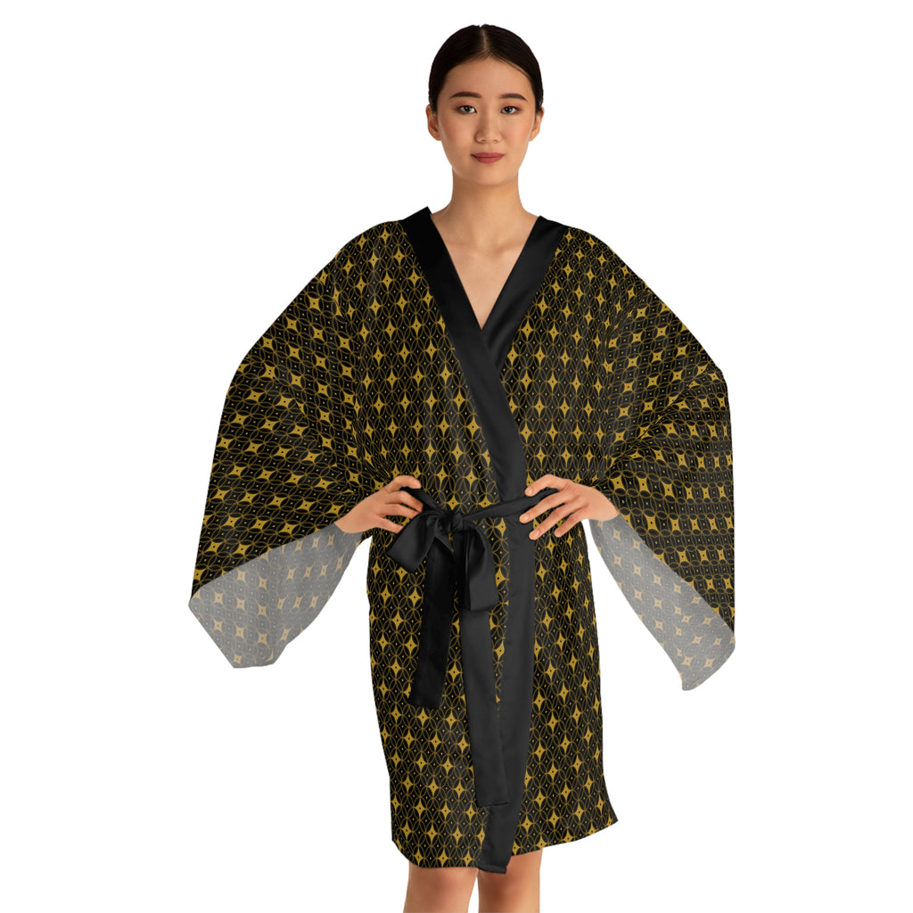 Woman wearing a patterned robe on a white background