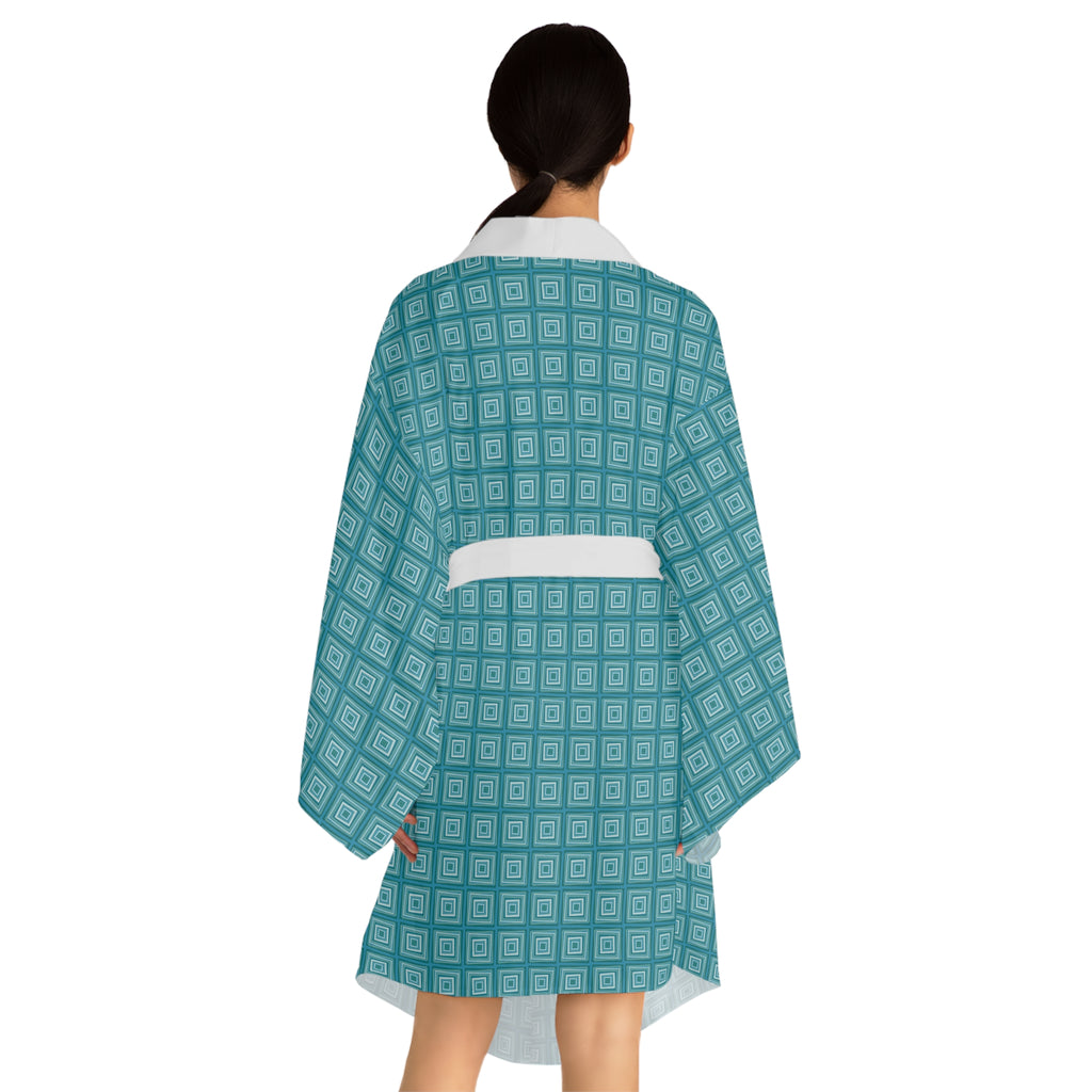 Monochromatic Squares - Teal - Long Sleeve Kimono Robe - Chic Loungewear, Spa Outfit, Gift for Her, Inner Peace, Home Comfort