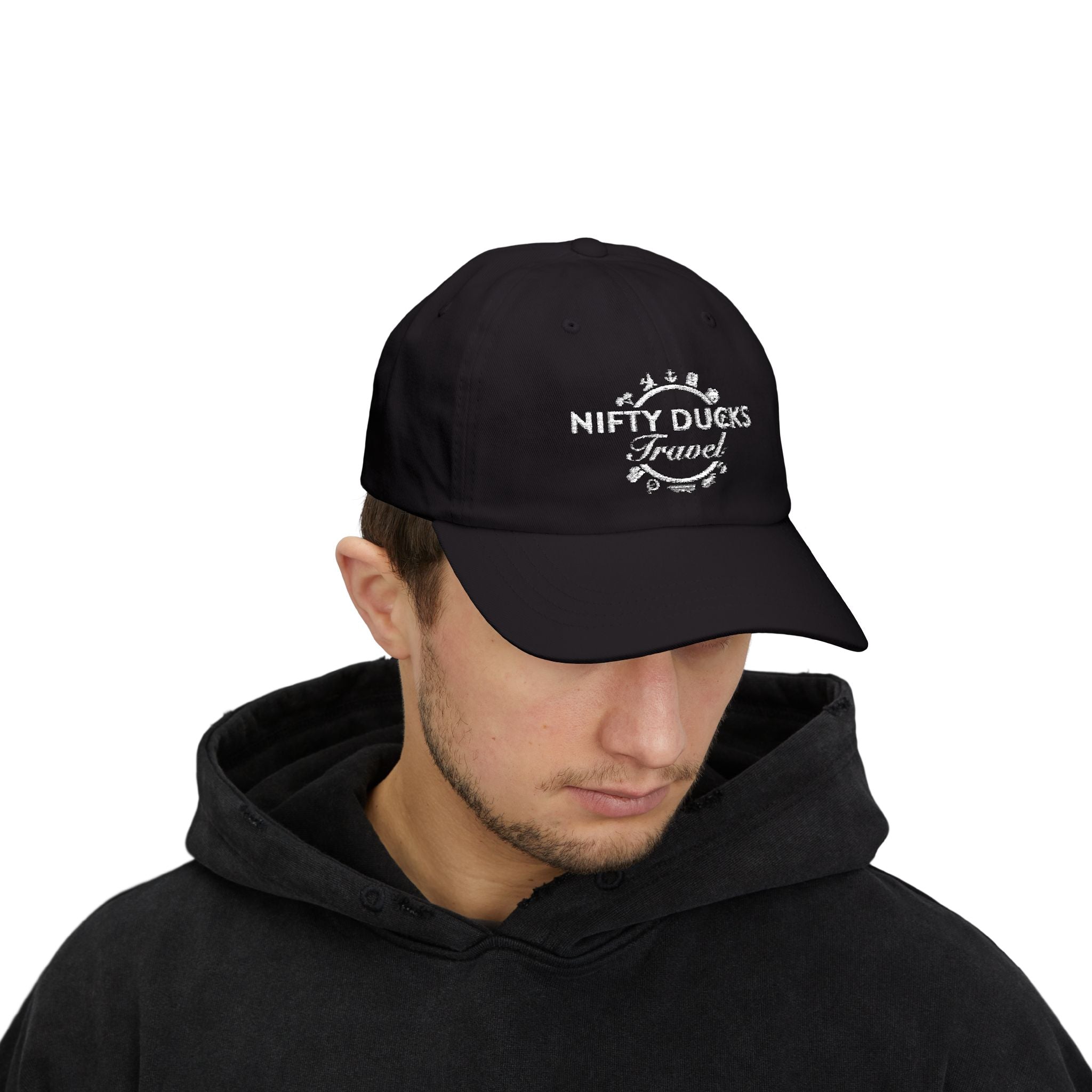 Nifty Ducks Travel Logo Classic Dad Cap - White Logo - Perfect for Adventurers