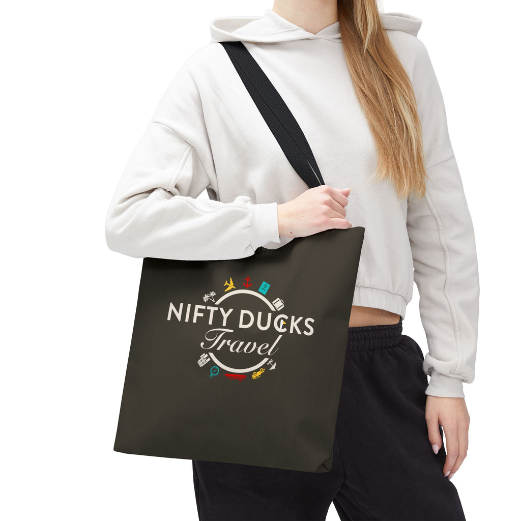 Nifty Ducks Travel Logo - Travel Tote Bag - Signature Brown Background - Beach & Weekend Carryall