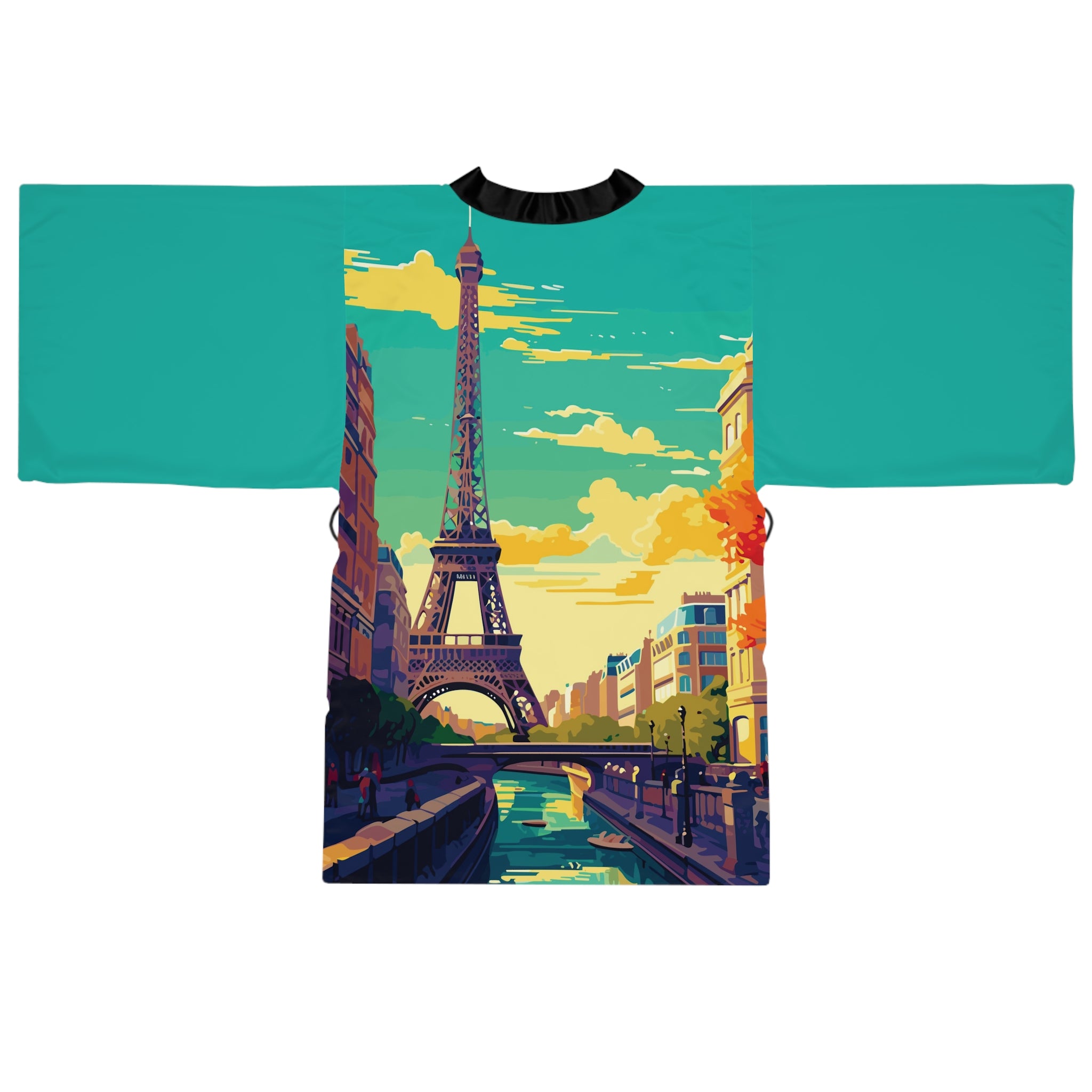 Cities and Landmarks - Eiffel Tower - Paris - Long Sleeve Kimono Robe - Chic Loungewear, Spa Outfit, Gift for Her, Inner Peace, Home Comfort
