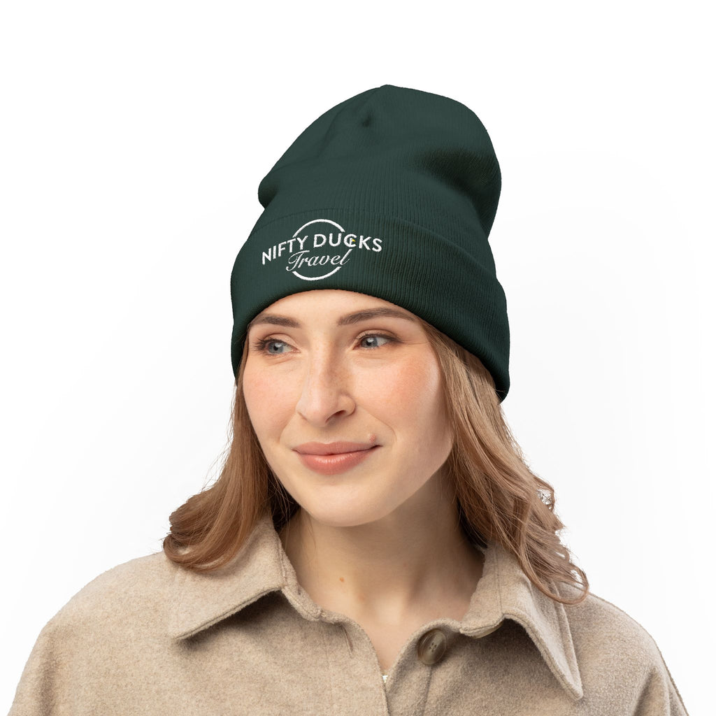 Custom Embroidered Knit Beanie - White Nifty Ducks Travel Logo | Cozy Winter Hat for Travel Lovers, Gift for Him/Her, Outdoor Adventure Gear, Casual Style Accessory