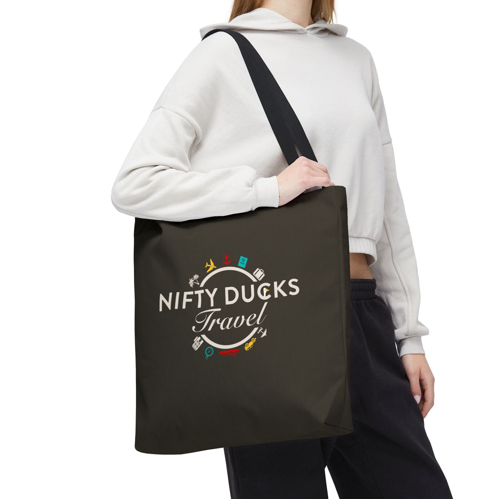 Nifty Ducks Travel Logo - Travel Tote Bag - Signature Brown Background - Beach & Weekend Carryall