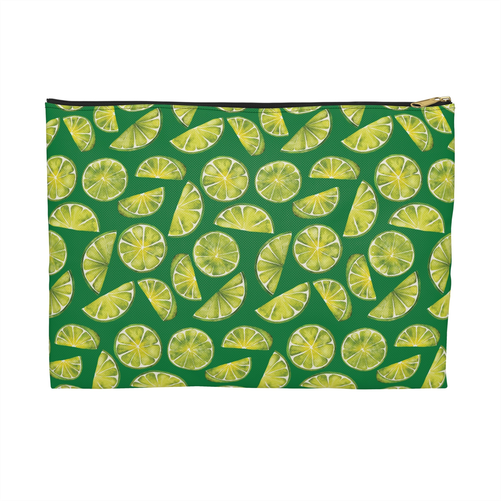 Pouch with lime pattern on a green background