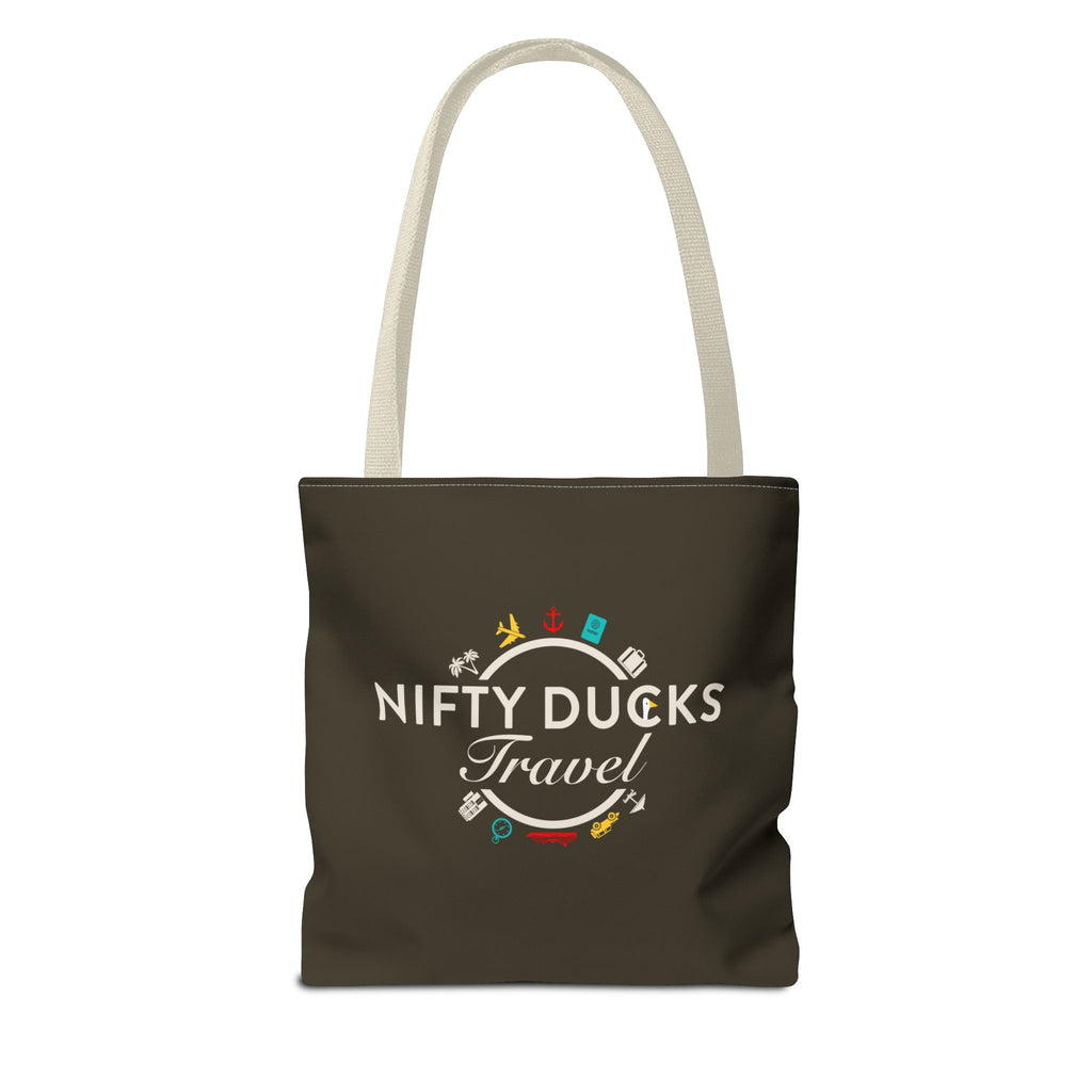 Nifty Ducks Travel Logo - Travel Tote Bag - Signature Brown Background - Beach & Weekend Carryall