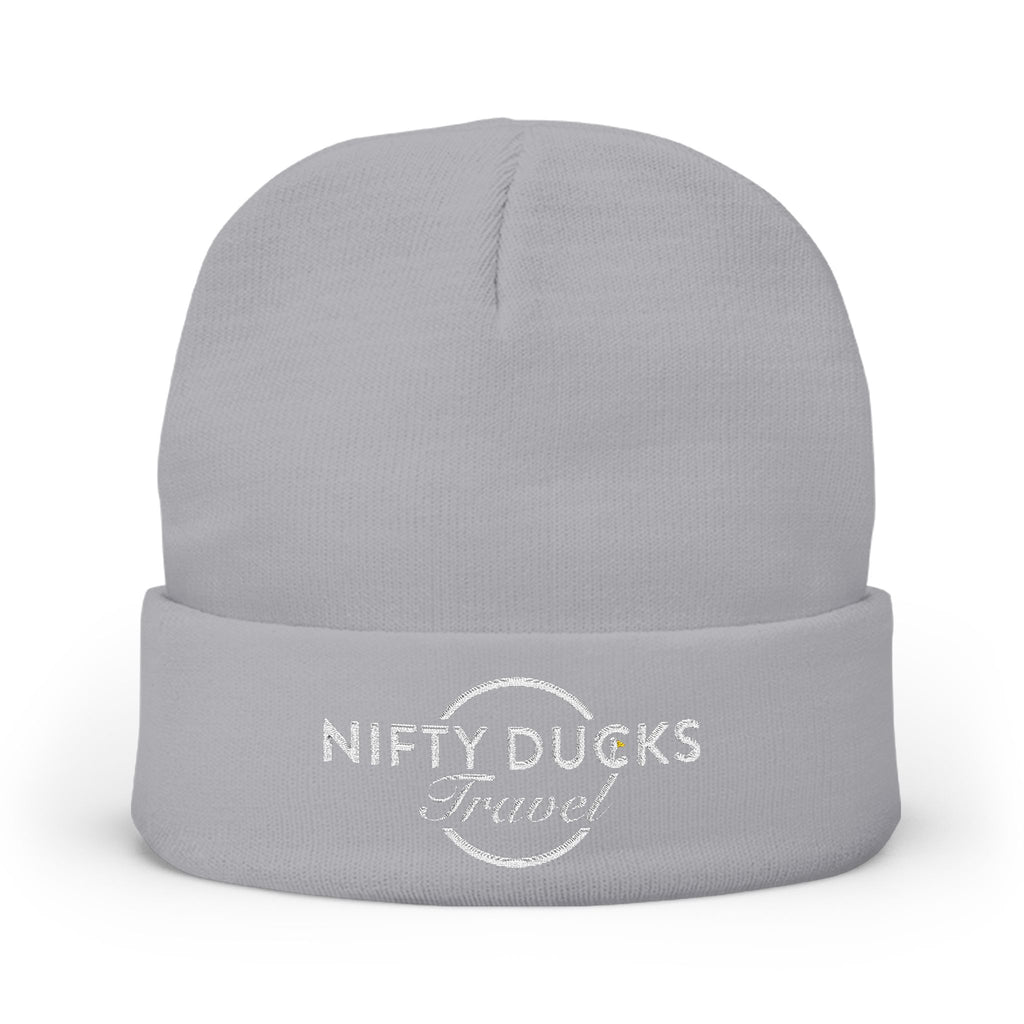 Custom Embroidered Knit Beanie - White Nifty Ducks Travel Logo | Cozy Winter Hat for Travel Lovers, Gift for Him/Her, Outdoor Adventure Gear, Casual Style Accessory