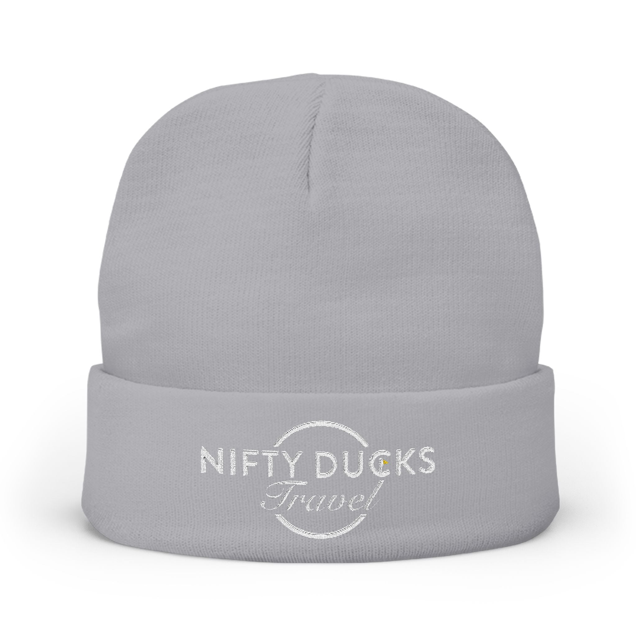 Custom Embroidered Knit Beanie - White Nifty Ducks Travel Logo | Cozy Winter Hat for Travel Lovers, Gift for Him/Her, Outdoor Adventure Gear, Casual Style Accessory