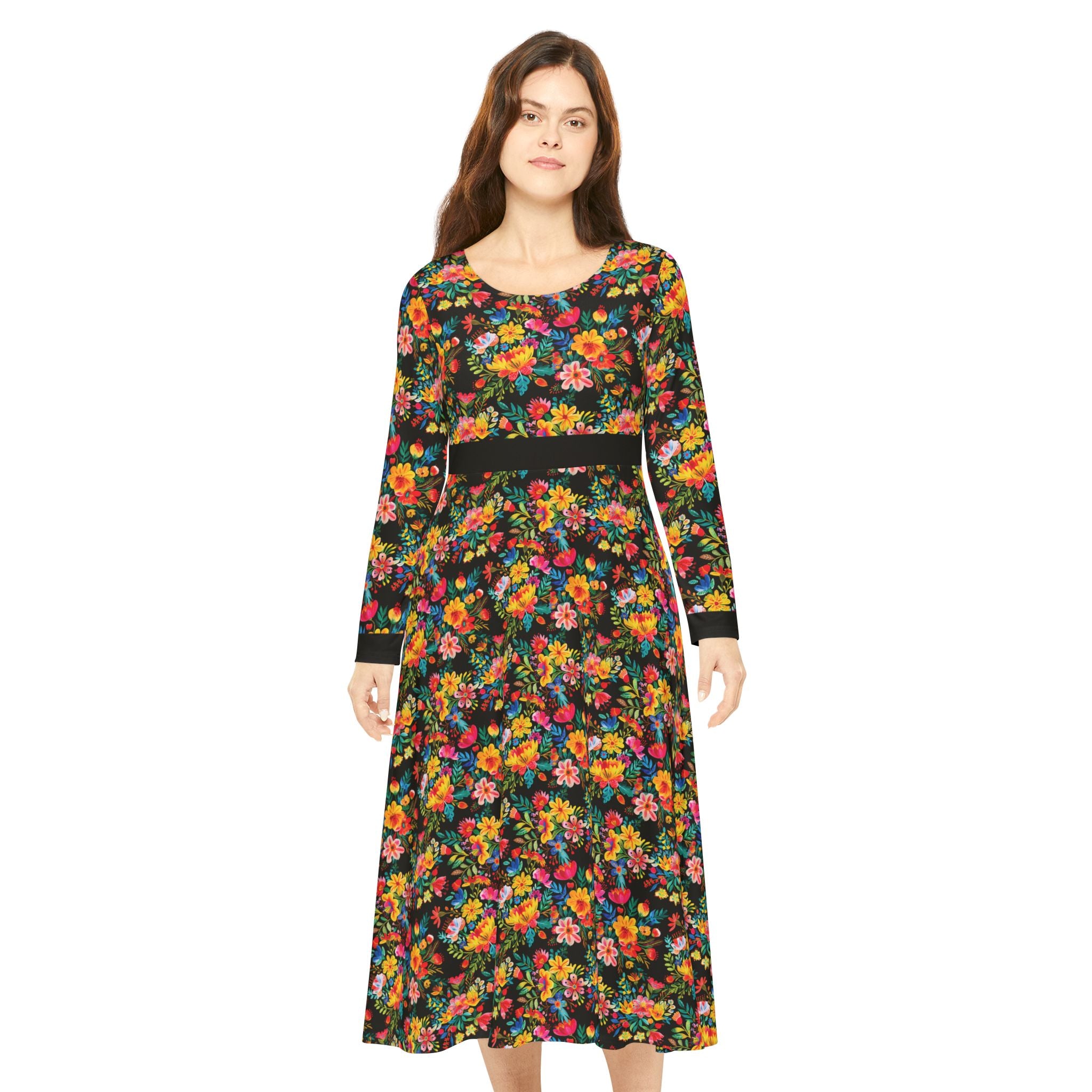 Elegant Women's Long Sleeve Dance Dress - Bright Bold Watercolors Flowers - Signature Brown