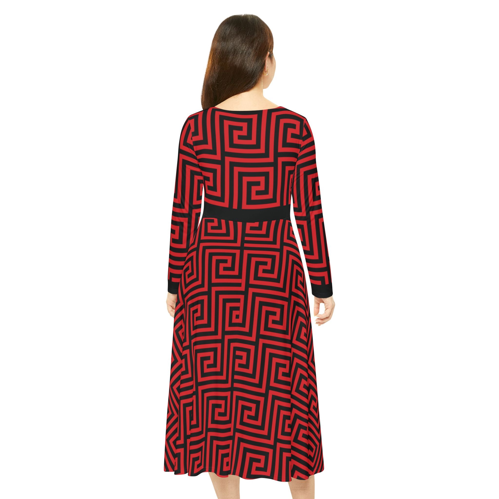 Elegant Women's Long Sleeve Dance Dress - Red & Black Geometric Pattern