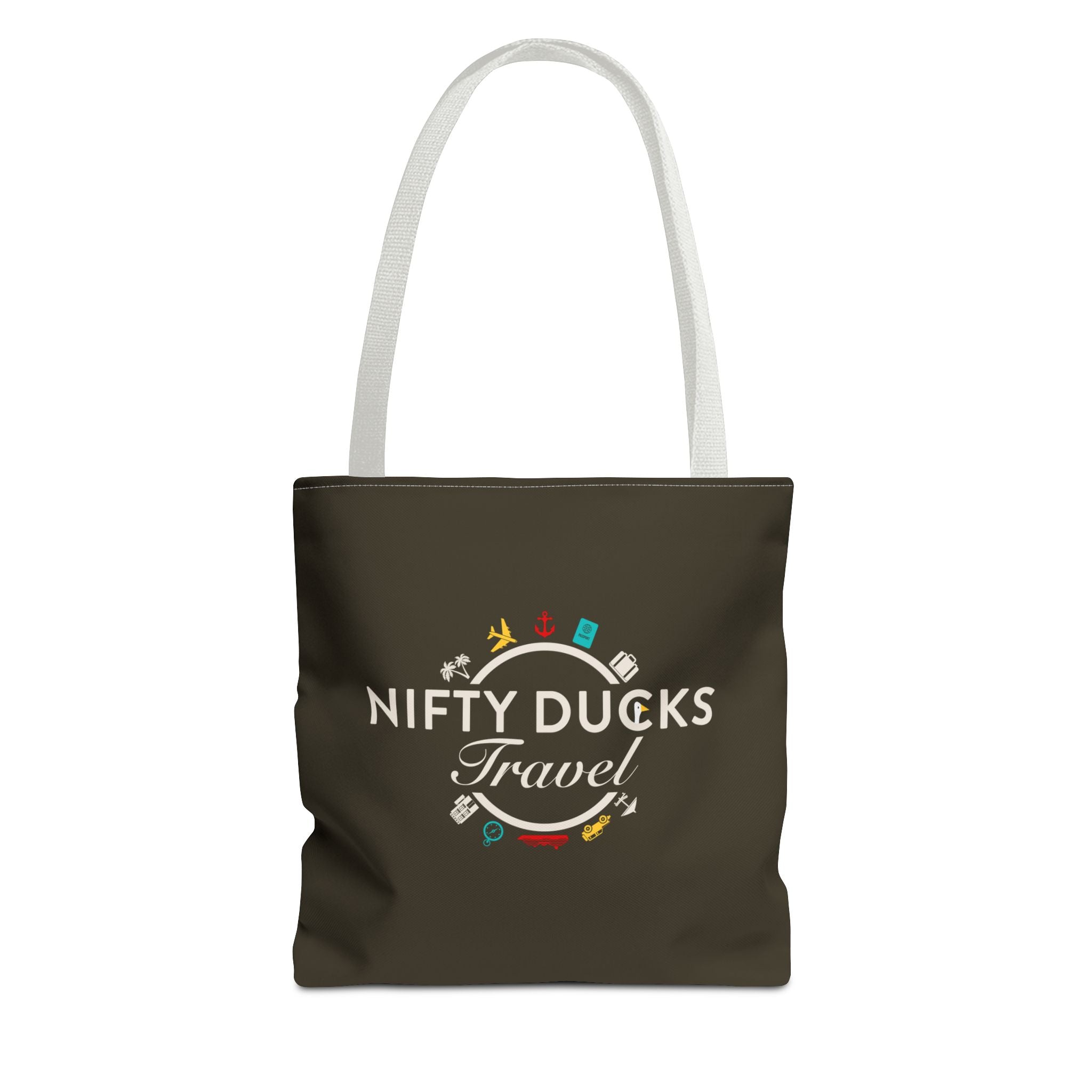 Nifty Ducks Travel Logo - Travel Tote Bag - Signature Brown Background - Beach & Weekend Carryall