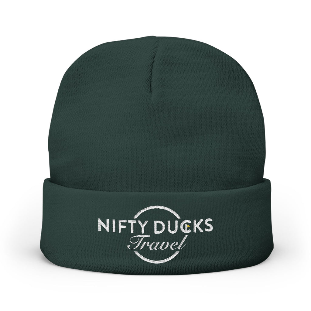 Custom Embroidered Knit Beanie - White Nifty Ducks Travel Logo | Cozy Winter Hat for Travel Lovers, Gift for Him/Her, Outdoor Adventure Gear, Casual Style Accessory