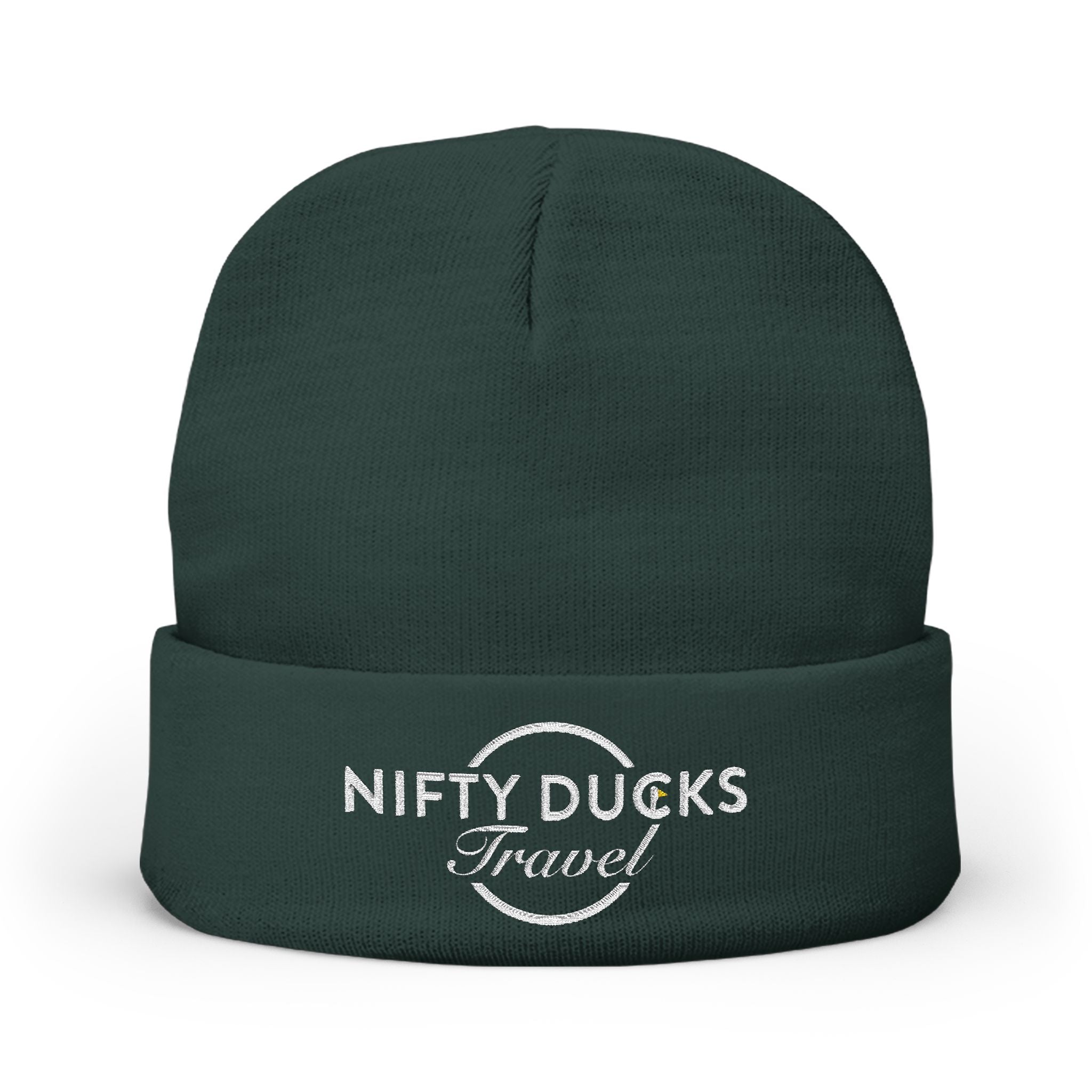 Custom Embroidered Knit Beanie - White Nifty Ducks Travel Logo | Cozy Winter Hat for Travel Lovers, Gift for Him/Her, Outdoor Adventure Gear, Casual Style Accessory