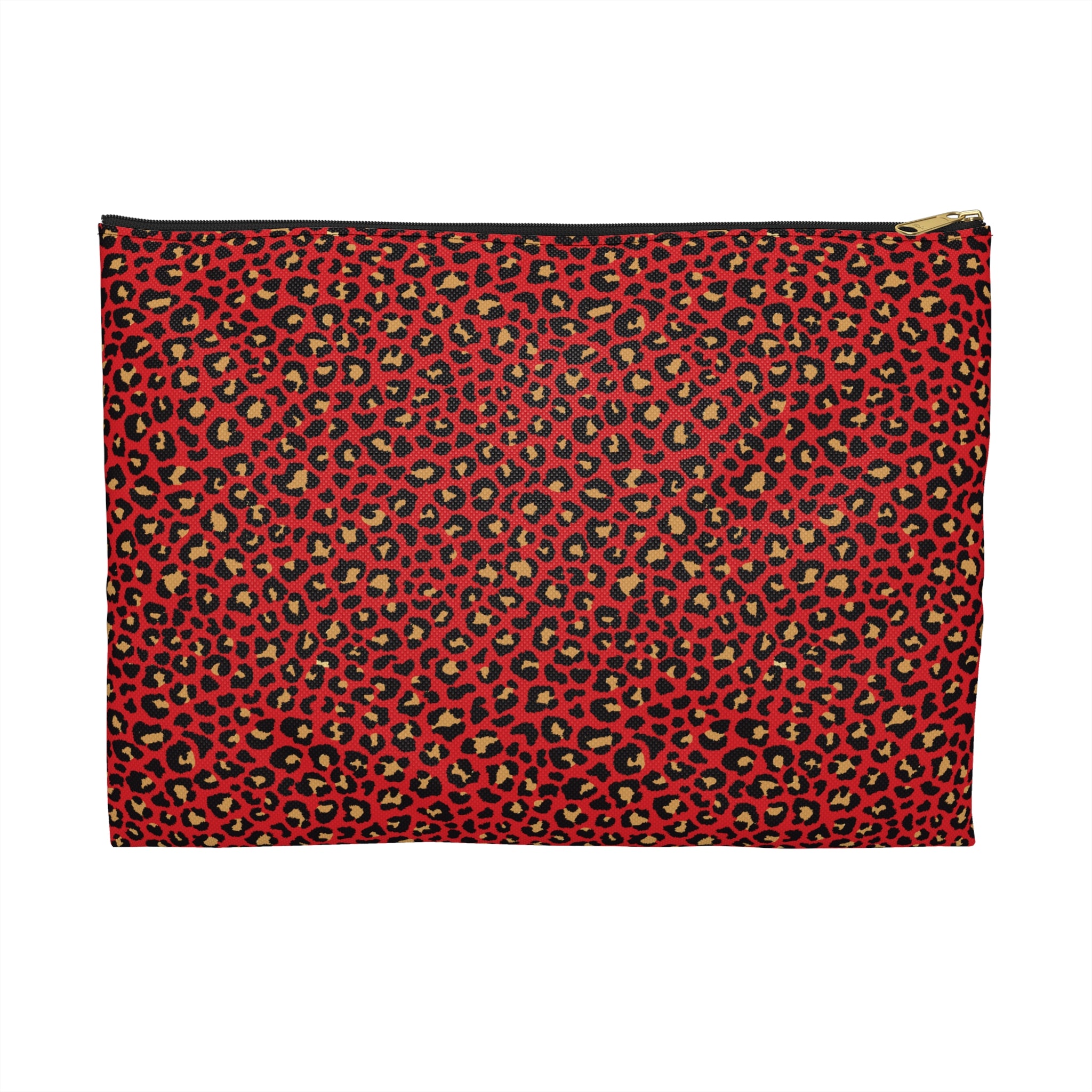 Red pouch with black and gold leopard print pattern on a white background