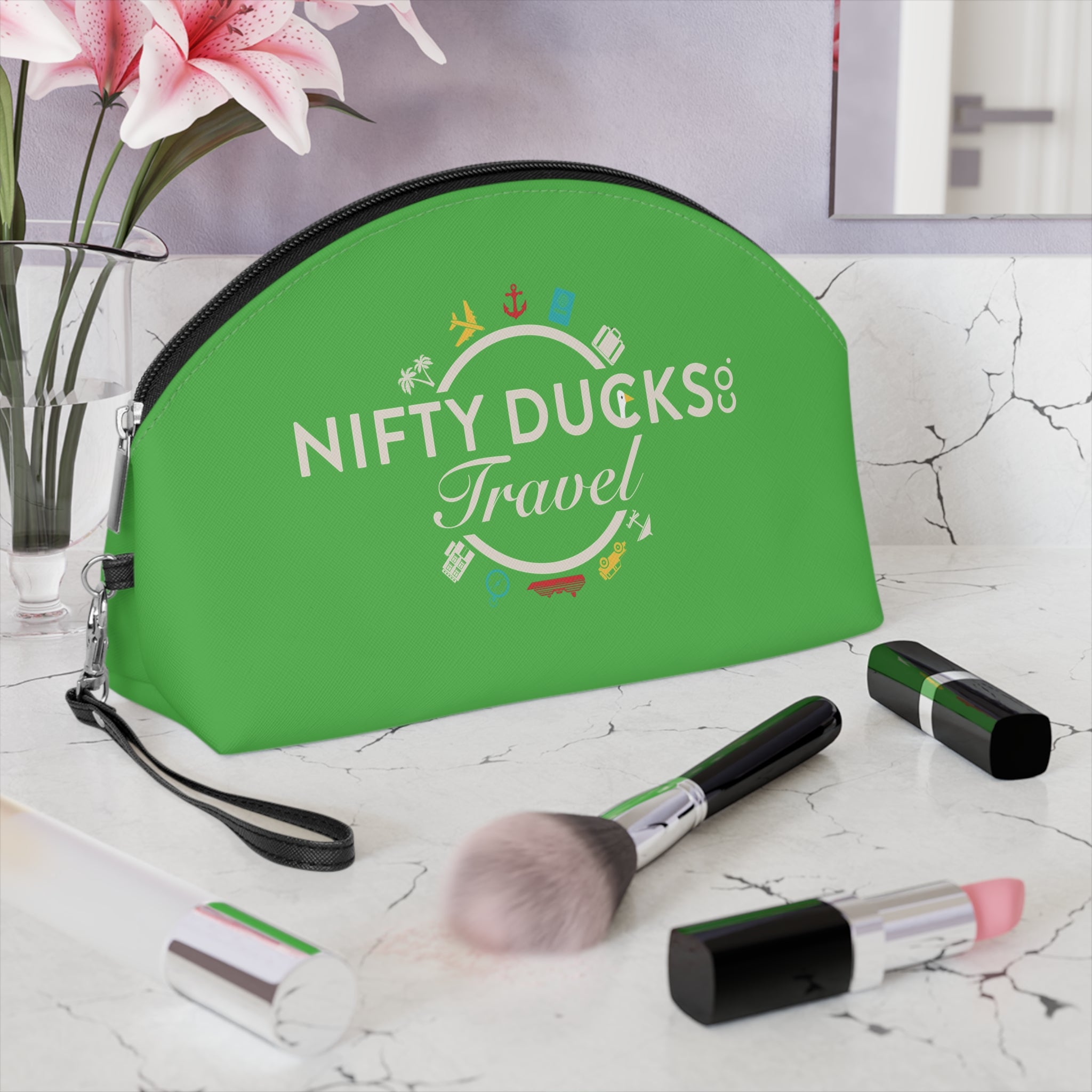 Nifty Ducks Travel Logo - Makeup Bag - Fun & Functional Travel Accessory - Lime Green