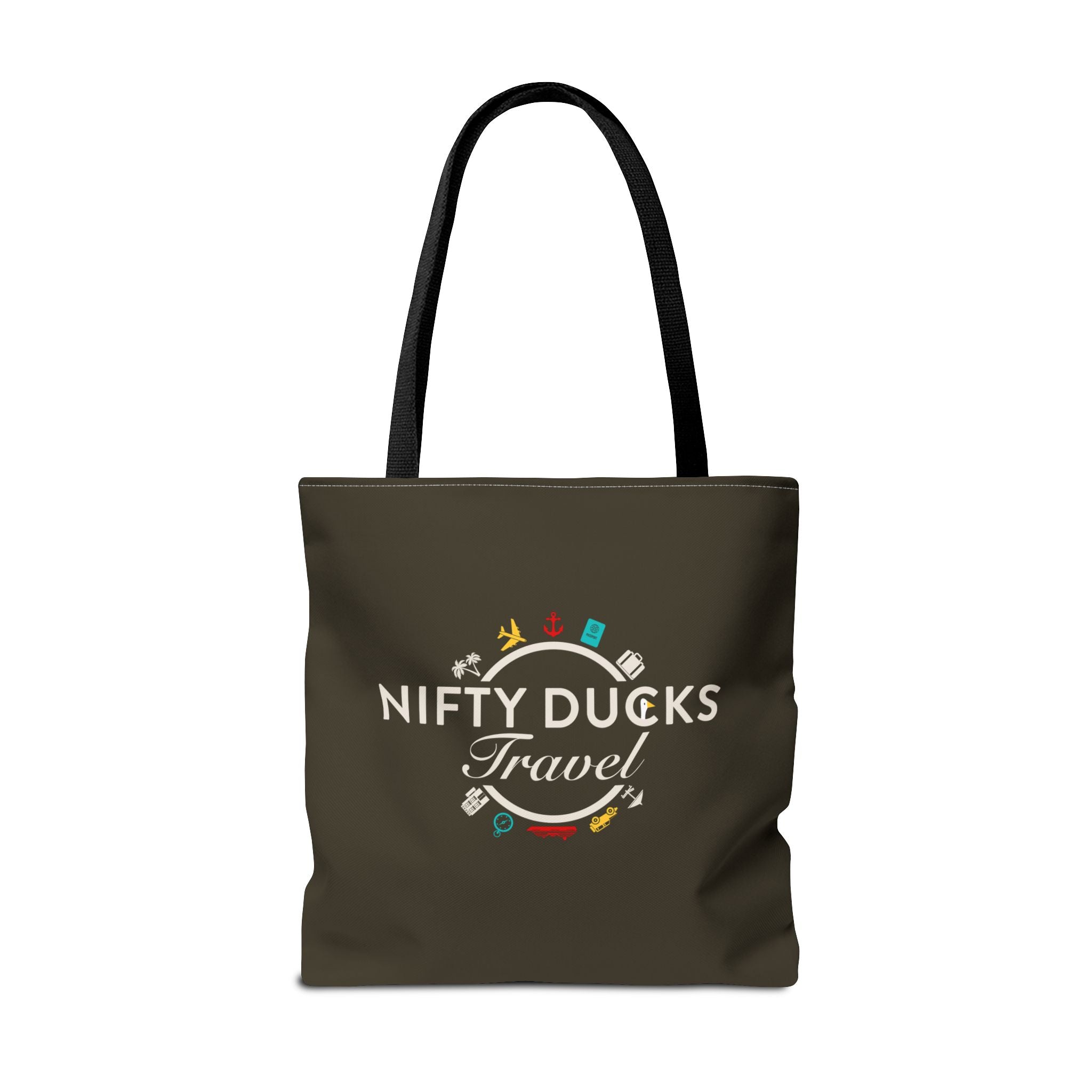 Nifty Ducks Travel Logo - Travel Tote Bag - Signature Brown Background - Beach & Weekend Carryall