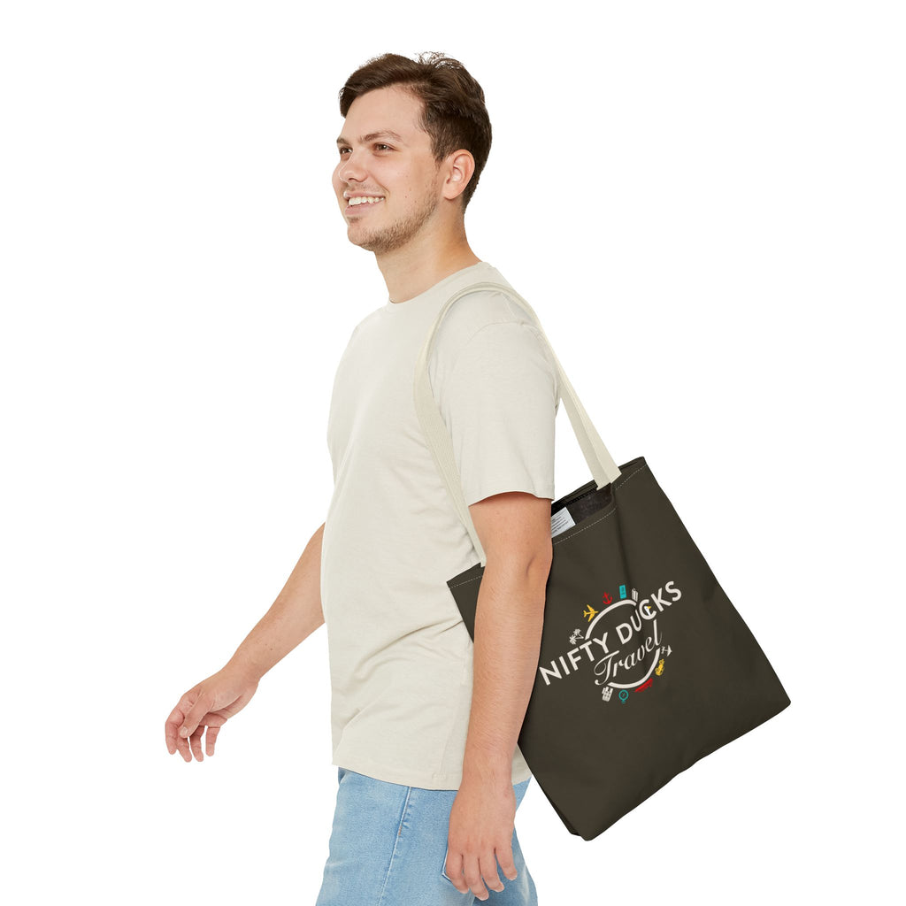 Nifty Ducks Travel Logo - Travel Tote Bag - Signature Brown Background - Beach & Weekend Carryall