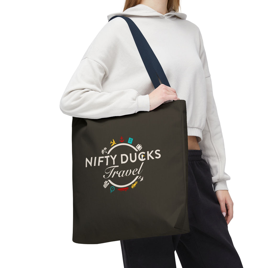Nifty Ducks Travel Logo - Travel Tote Bag - Signature Brown Background - Beach & Weekend Carryall