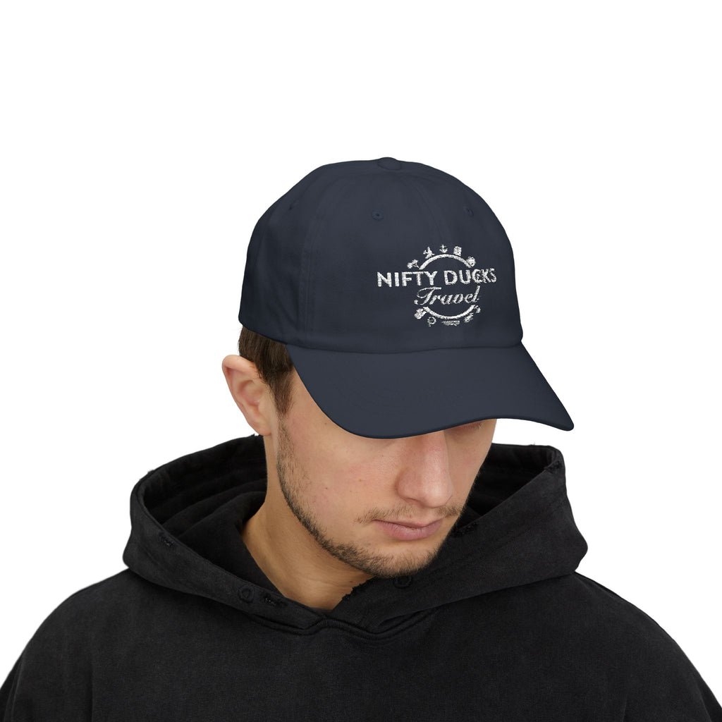 Nifty Ducks Travel Logo Classic Dad Cap - White Logo - Perfect for Adventurers