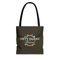Brown tote bag with 'Nifty Ducks Travel' logo on a white background