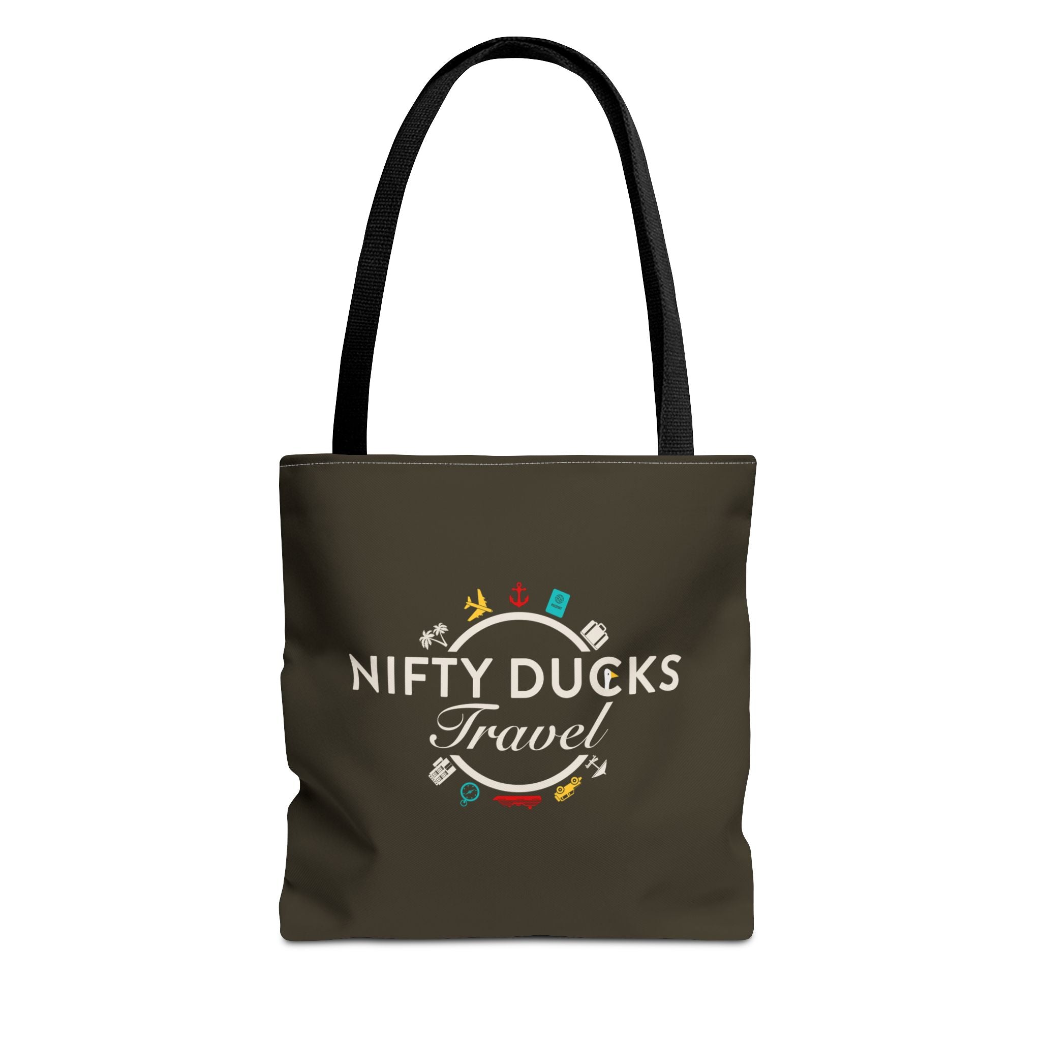 Brown tote bag with 'Nifty Ducks Travel' logo on a white background