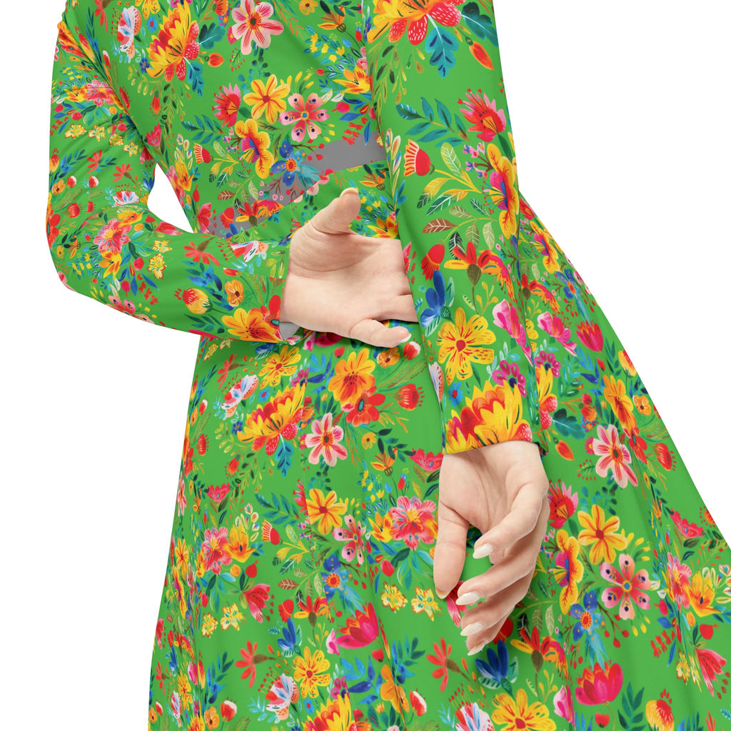 Elegant Women's Long Sleeve Dance Dress - Bright Bold Watercolors Flowers - Lime Green