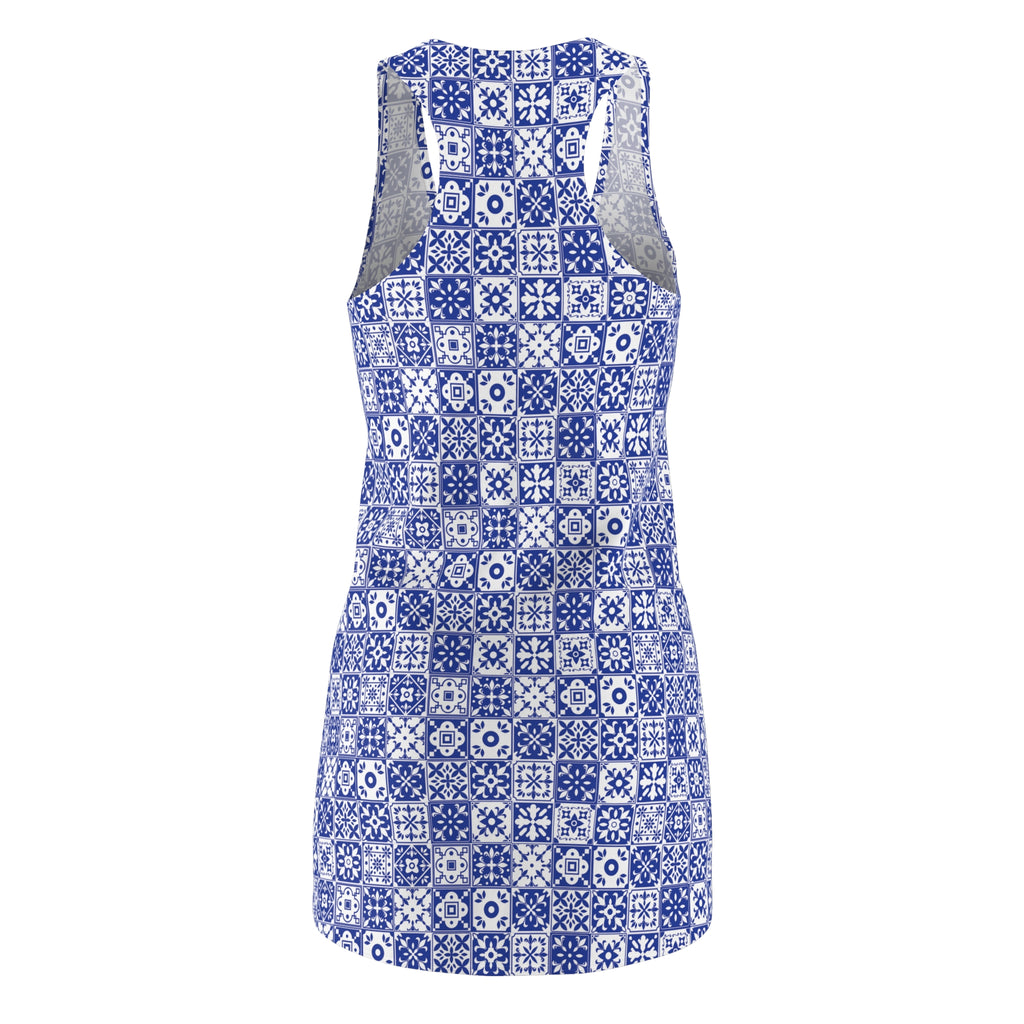 Mediterraneo Mosaic - Blue - Small Print -  Racerback Dress for Summer Fun, Beach Wear, Vacation Style, Party Outfit, Ladies Sundress