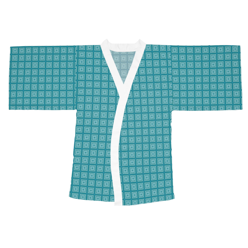 Monochromatic Squares - Teal - Long Sleeve Kimono Robe - Chic Loungewear, Spa Outfit, Gift for Her, Inner Peace, Home Comfort