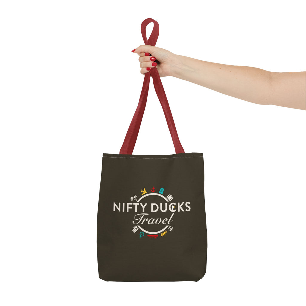 Nifty Ducks Travel Logo - Travel Tote Bag - Signature Brown Background - Beach & Weekend Carryall