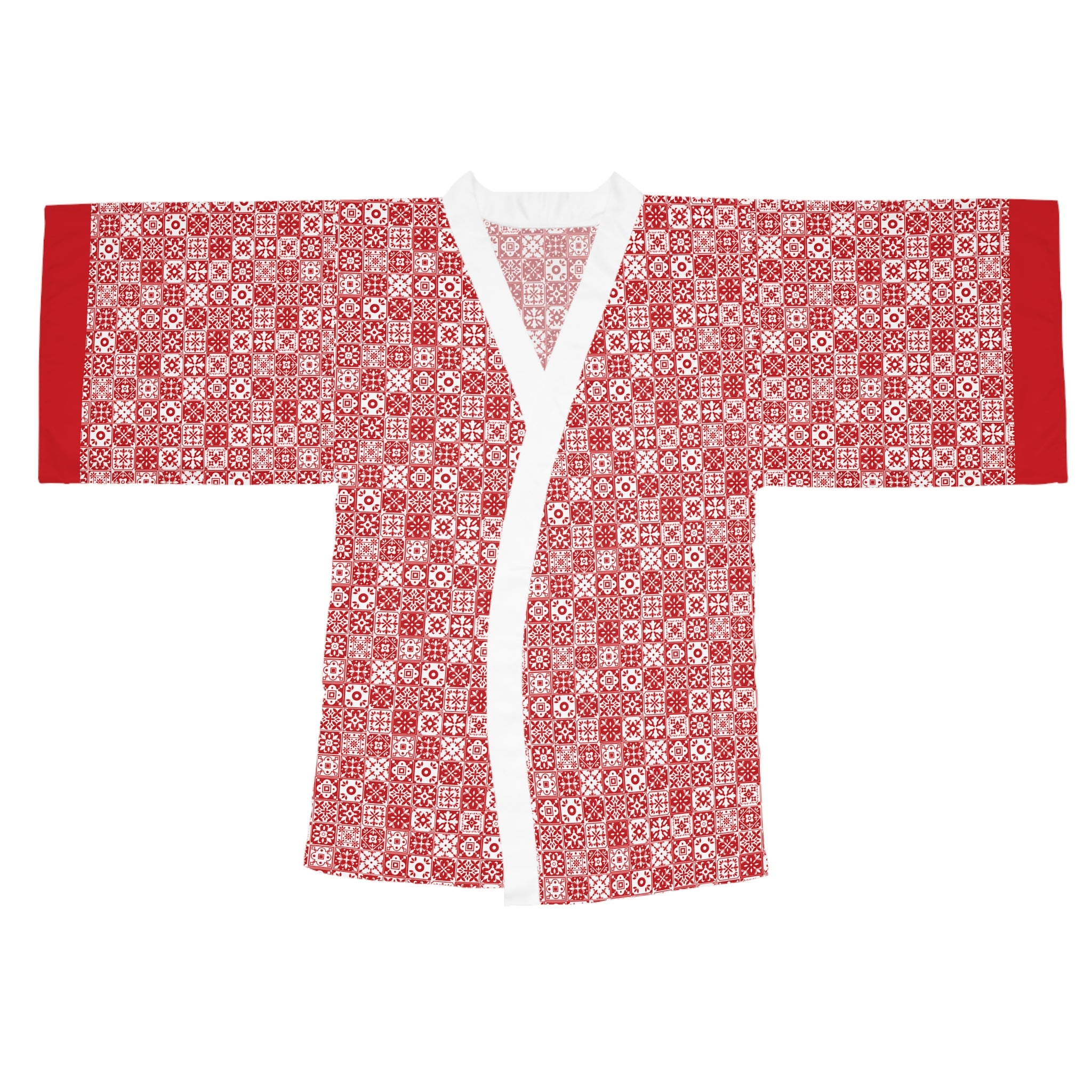 Mediterraneo Mosaic - Red - Small Print - Long Sleeve Kimono Robe - Chic Loungewear, Spa Outfit, Gift for Her, Inner Peace, Home Comfort