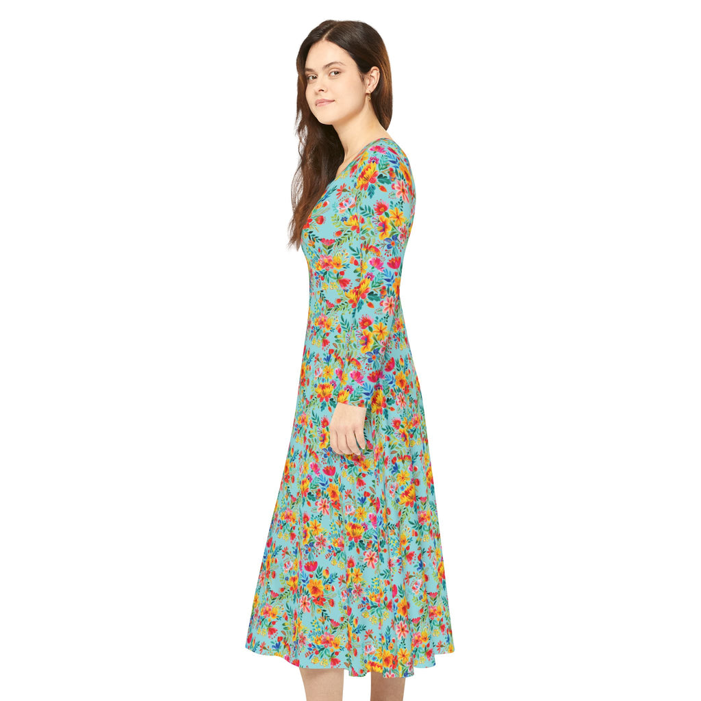 Elegant Women's Long Sleeve Dance Dress - Bright Bold Watercolors Flowers - Electric Blue