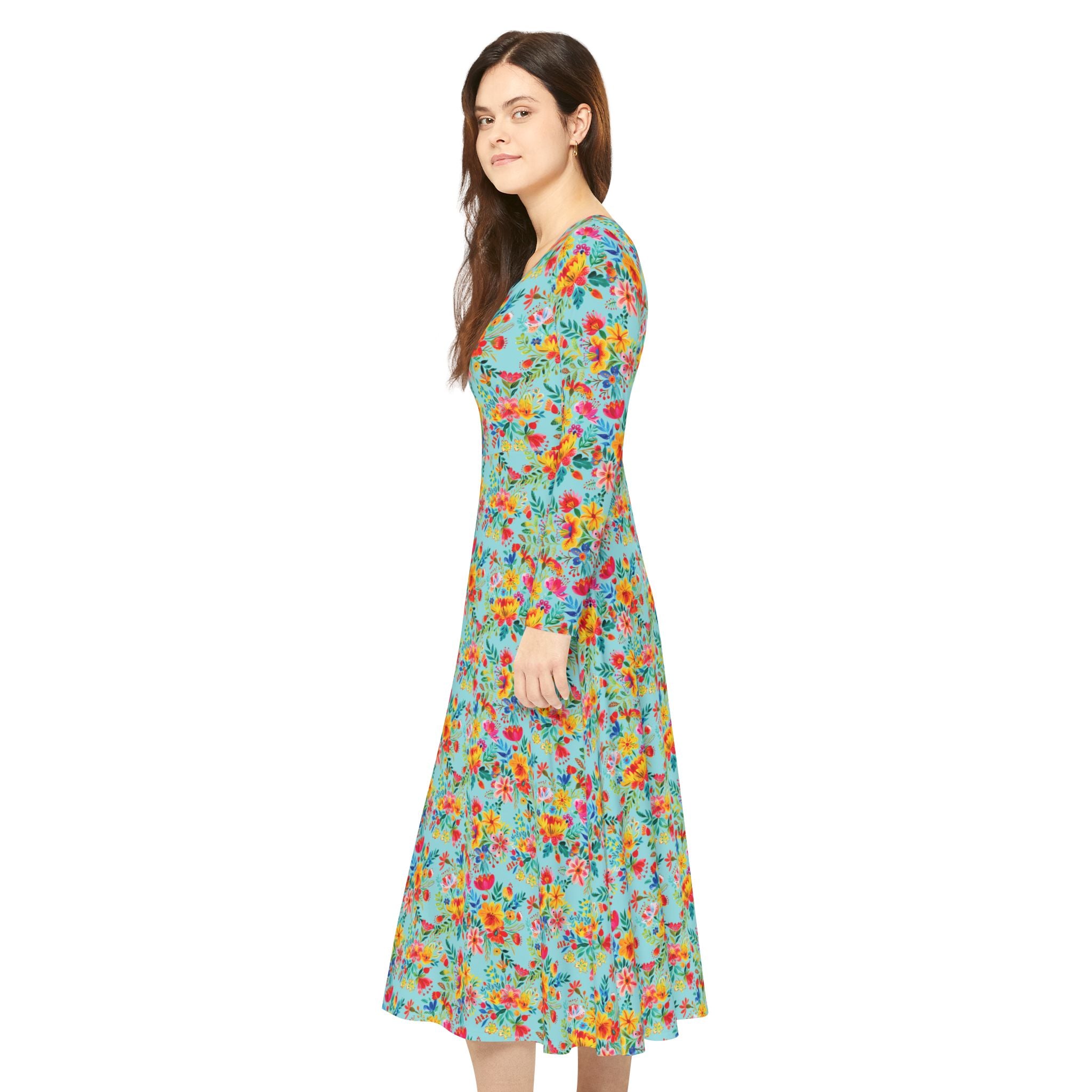 Elegant Women's Long Sleeve Dance Dress - Bright Bold Watercolors Flowers - Electric Blue