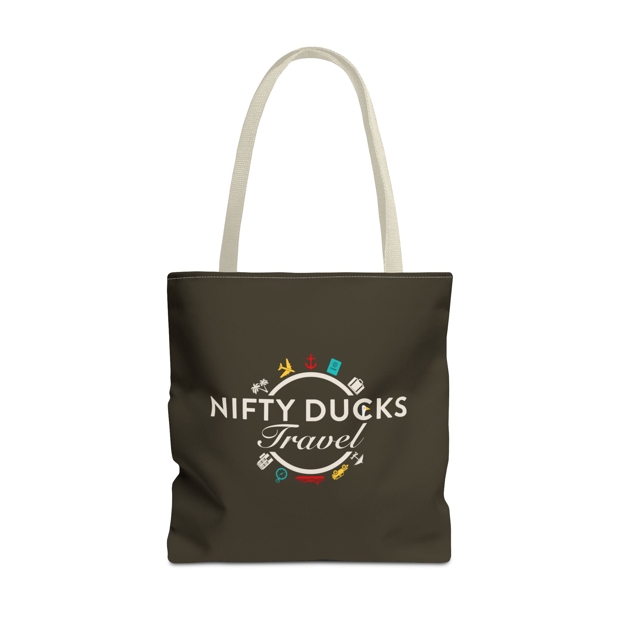Nifty Ducks Travel Logo - Travel Tote Bag - Signature Brown Background - Beach & Weekend Carryall
