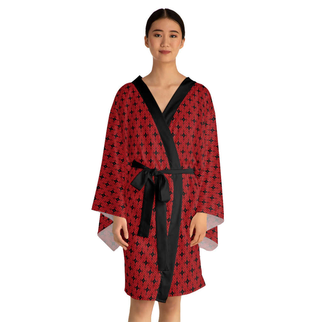 Virella - Long Sleeve Kimono Robe - Scarlet - Black - Chic Loungewear, Spa Outfit, Gift for Her, Inner Peace, Home Comfort