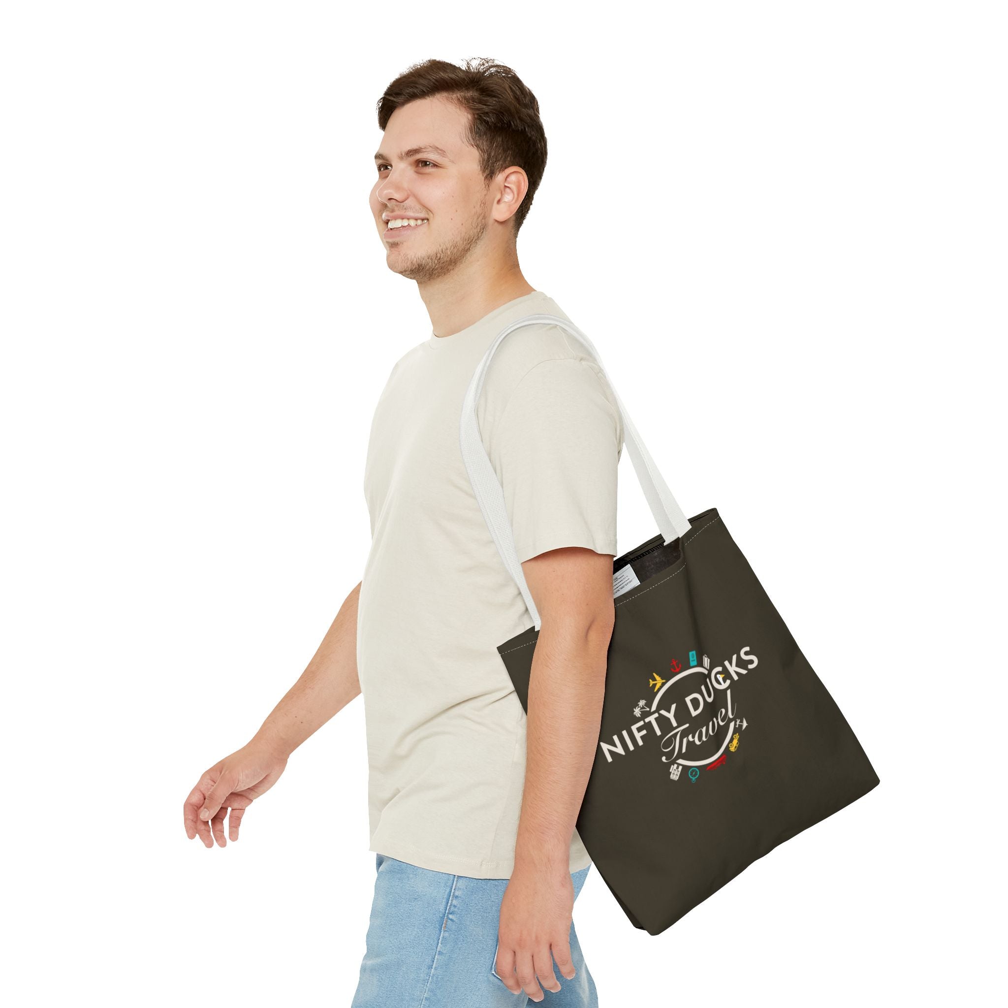 Nifty Ducks Travel Logo - Travel Tote Bag - Signature Brown Background - Beach & Weekend Carryall