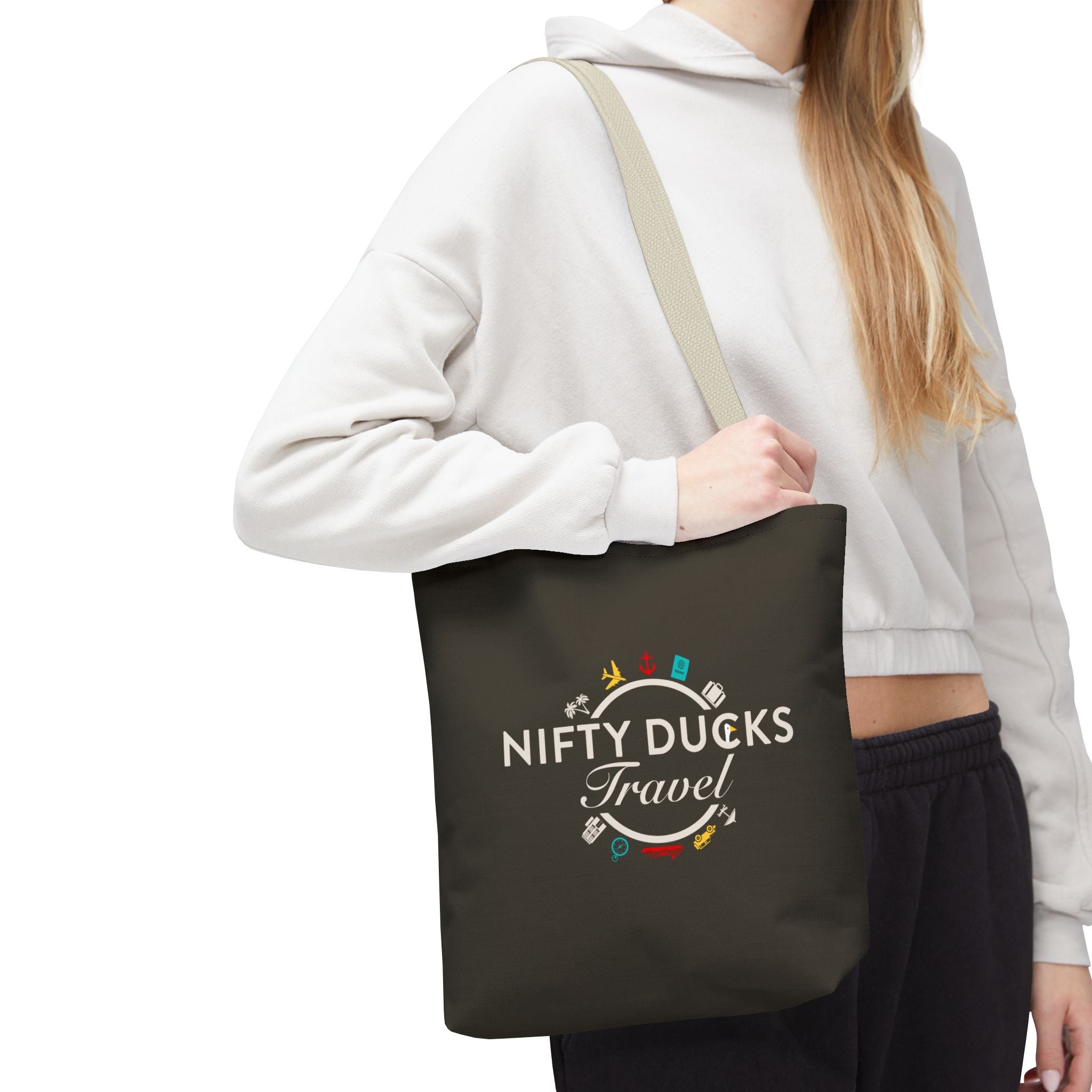 Nifty Ducks Travel Logo - Travel Tote Bag - Signature Brown Background - Beach & Weekend Carryall