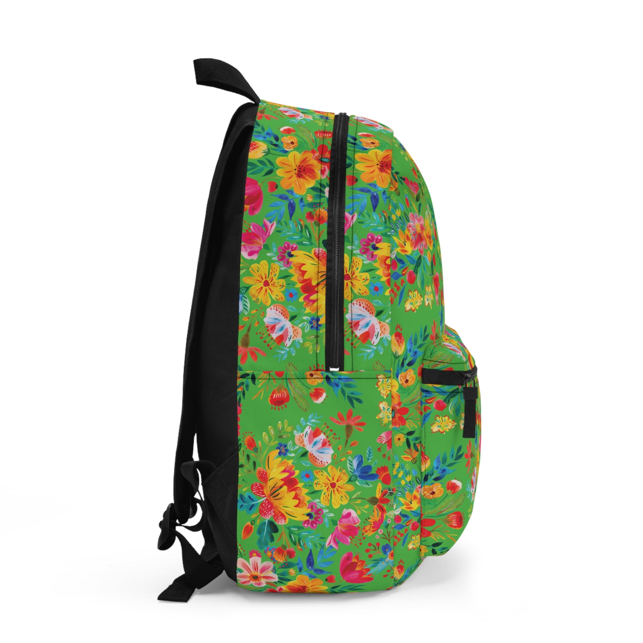 Bright Watercolor Flowers Backpack - Travel Bag with Black Duck Design - Lime Green