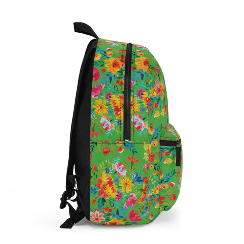Bright Watercolor Flowers Backpack - Travel Bag with Black Duck Design - Lime Green
