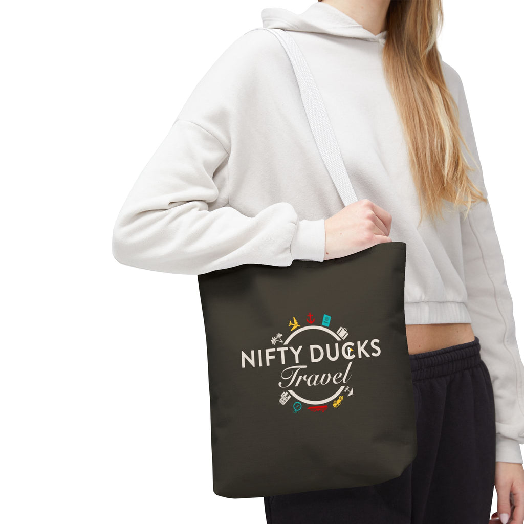 Nifty Ducks Travel Logo - Travel Tote Bag - Signature Brown Background - Beach & Weekend Carryall