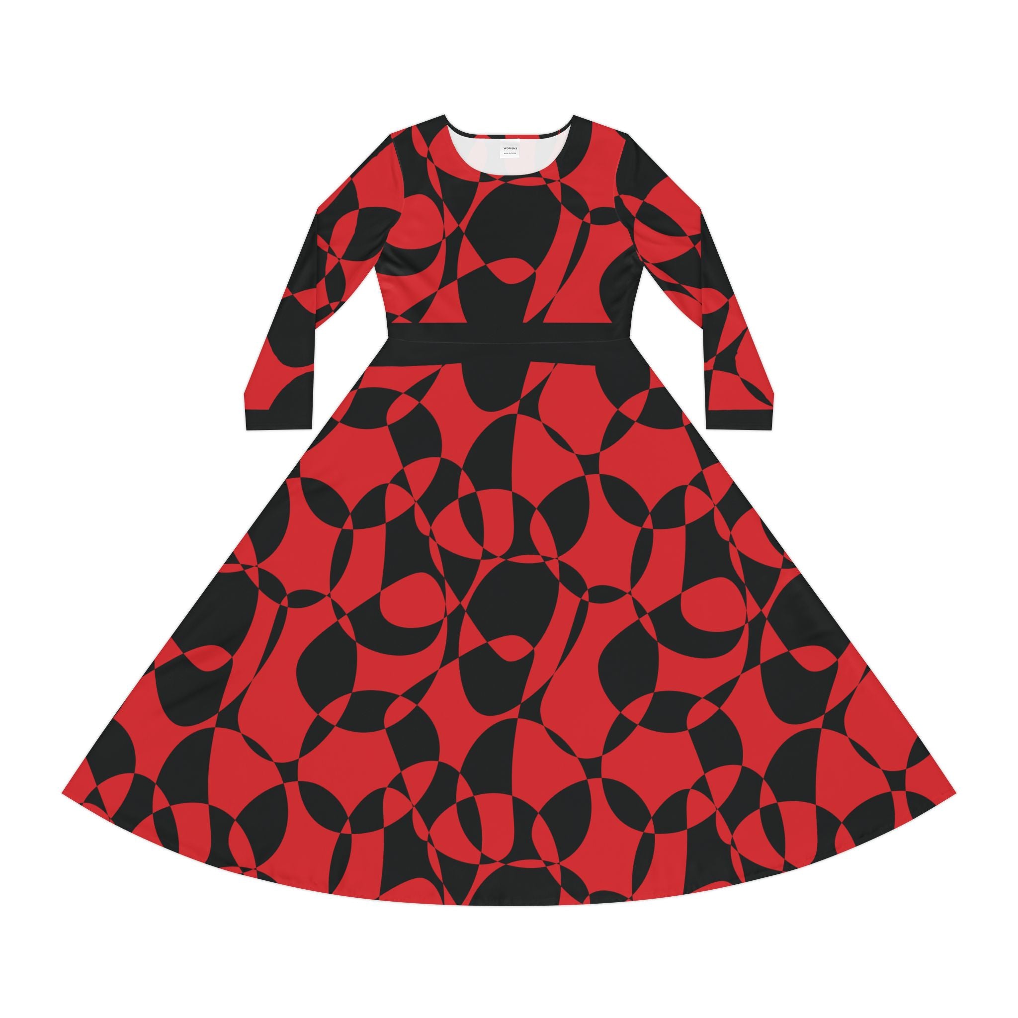 Elegant Women's Long Sleeve Dance Dress - Scarlet Synphony & Black Geometric Pattern