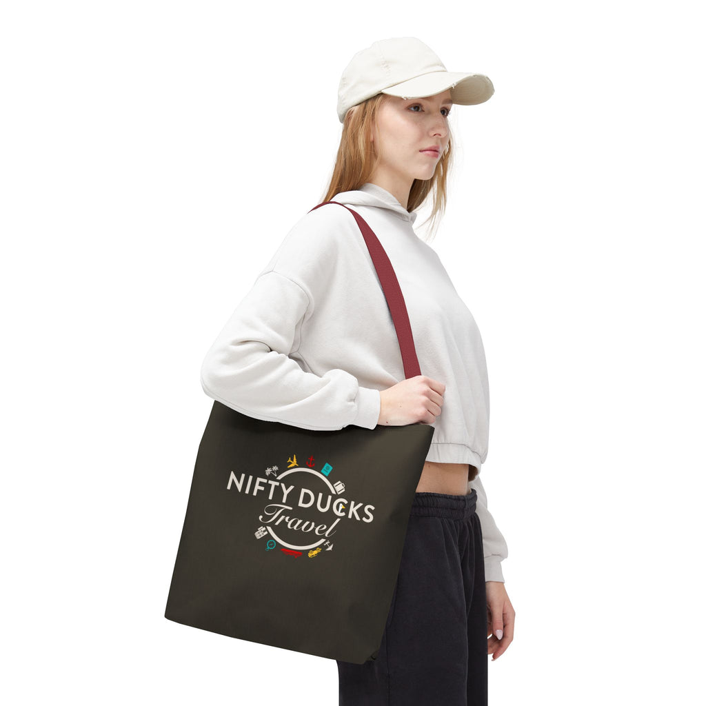 Nifty Ducks Travel Logo - Travel Tote Bag - Signature Brown Background - Beach & Weekend Carryall
