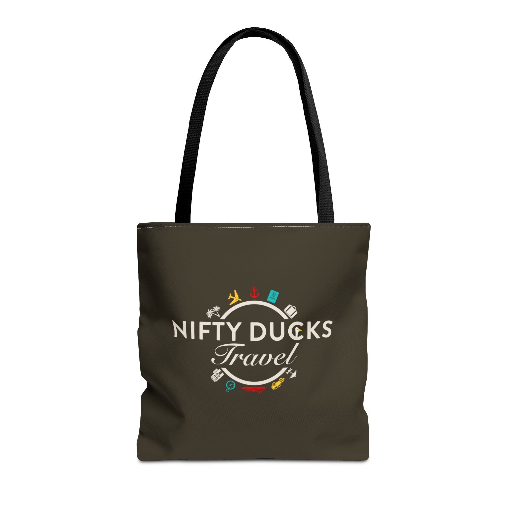 Nifty Ducks Travel Logo - Travel Tote Bag - Signature Brown Background - Beach & Weekend Carryall