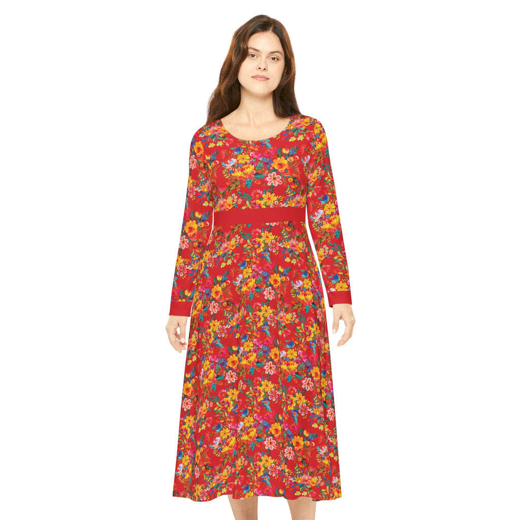 Elegant Women's Long Sleeve Dance Dress - Bright Bold Watercolors Flowers - Scarlet