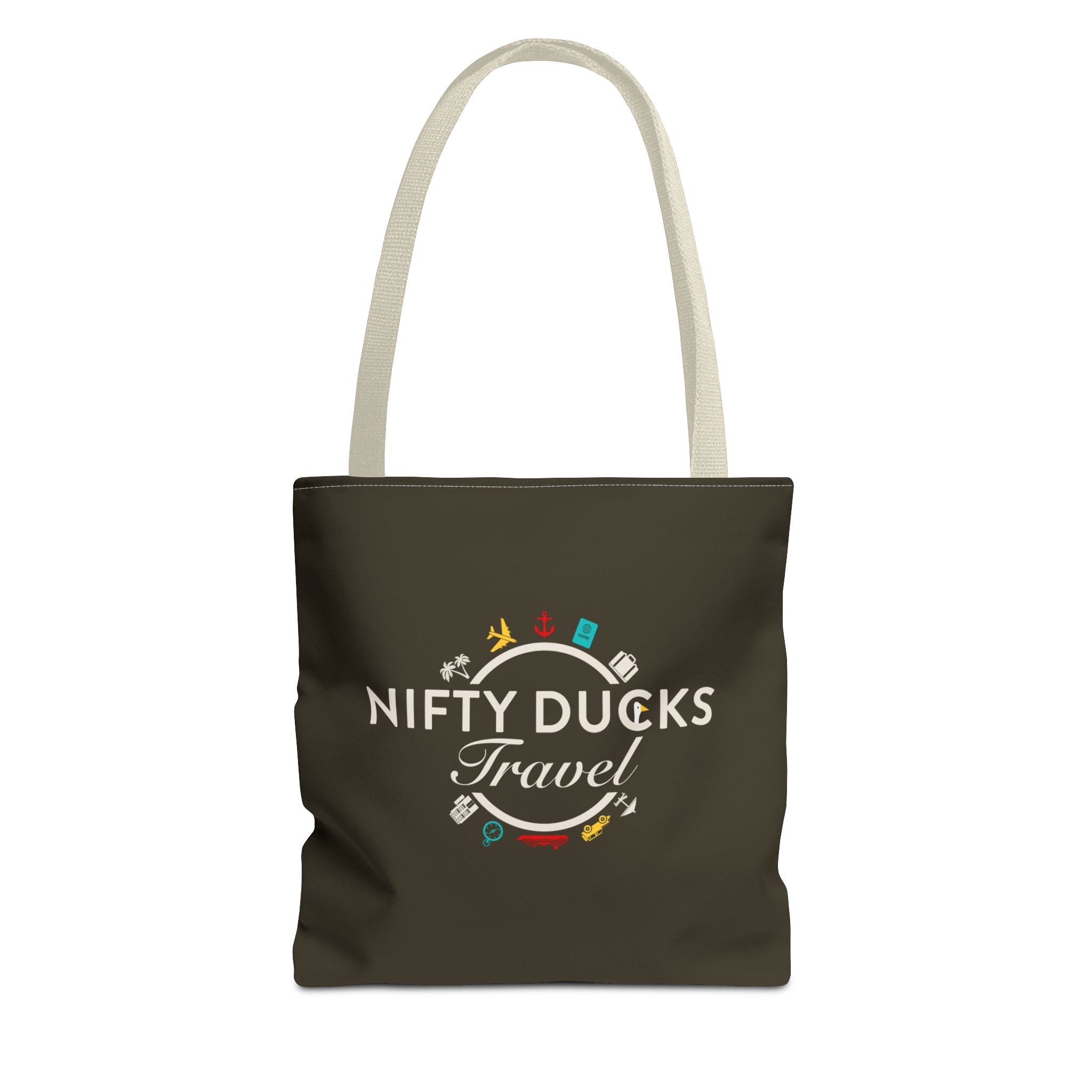 Nifty Ducks Travel Logo - Travel Tote Bag - Signature Brown Background - Beach & Weekend Carryall