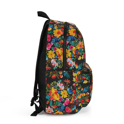 Bright Watercolor Flowers Backpack - Travel Bag with Black Duck Design - Black