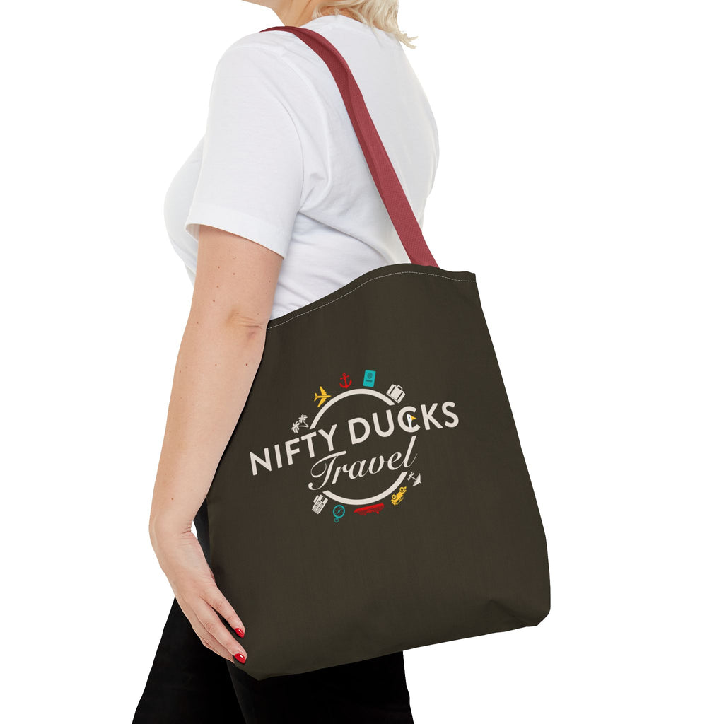 Nifty Ducks Travel Logo - Travel Tote Bag - Signature Brown Background - Beach & Weekend Carryall